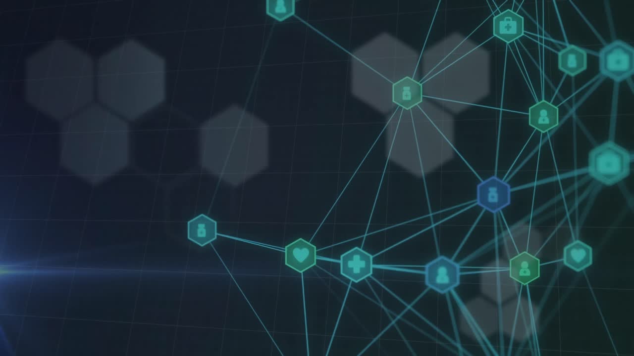 animación de globo de iconos médicos, formas hexagonales y rastros de luz contra un fondo azul
