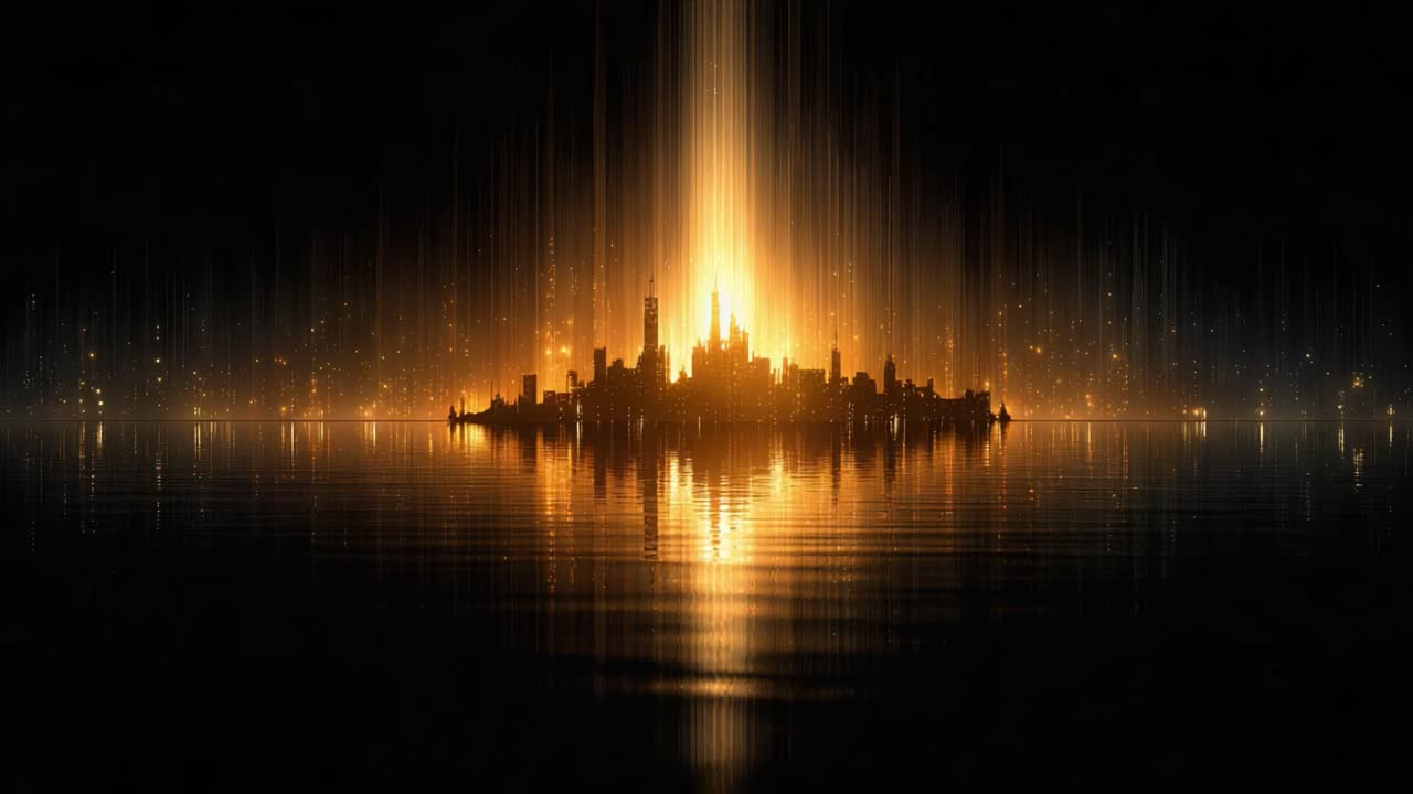 A mesmerizing skyline illuminated by radiant light reflects perfectly on still waters, creating a breathtaking symphony of colors and patterns against the night sky