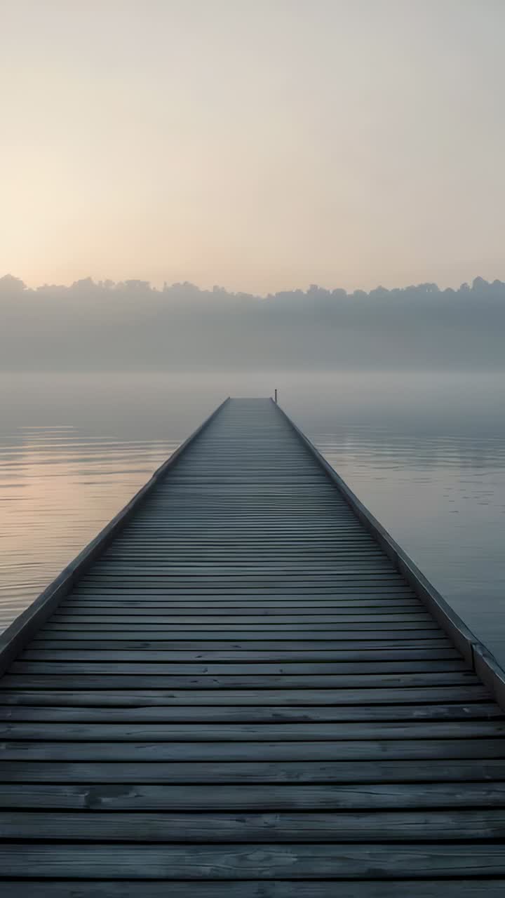 Vertical video: Warming dawn light bathing wooden dock at lake, lifting mist showing post and trees