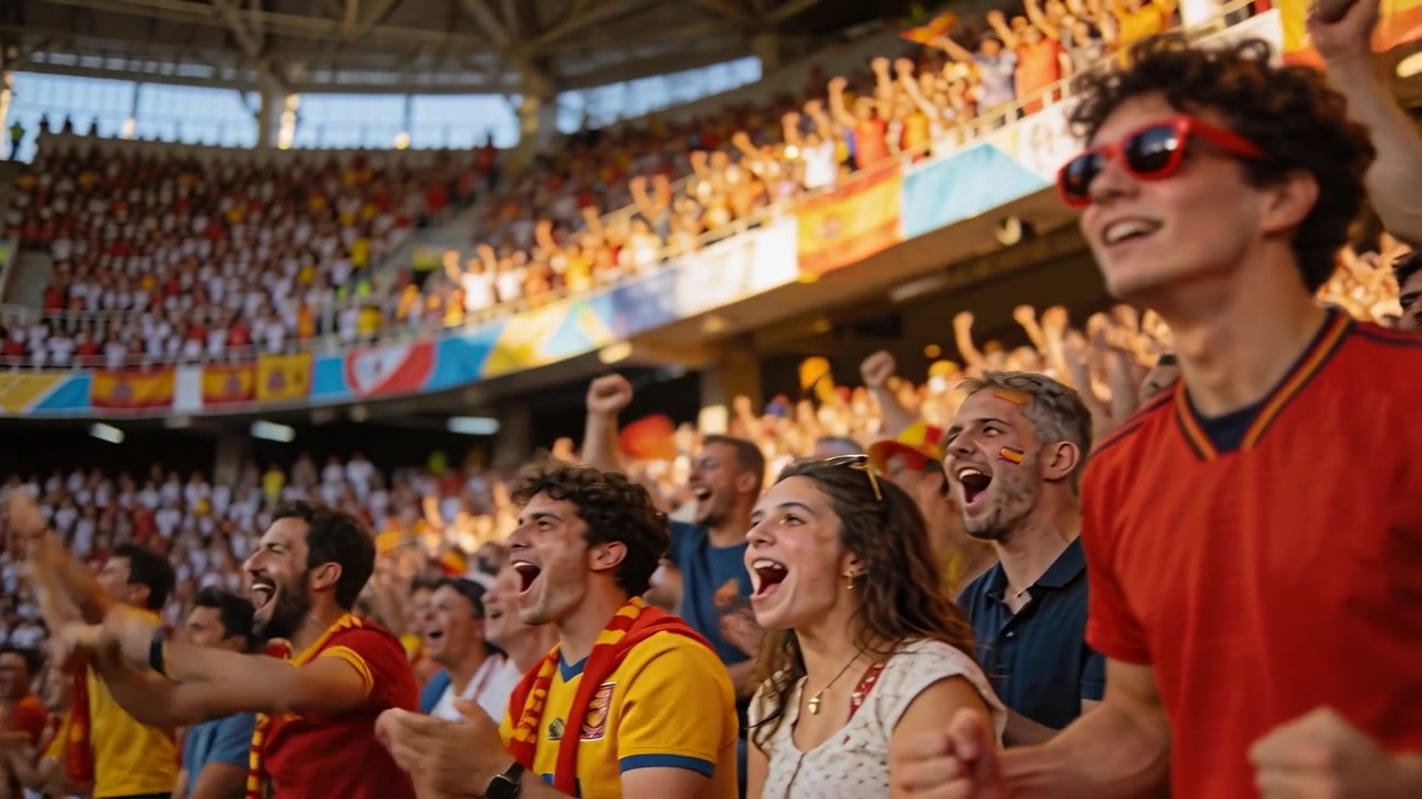 Reaccionando a un gol, aficionado de camiseta roja a la derecha con gafas de sol rojas en las gradas, levantando los puños, agitando bufandas.