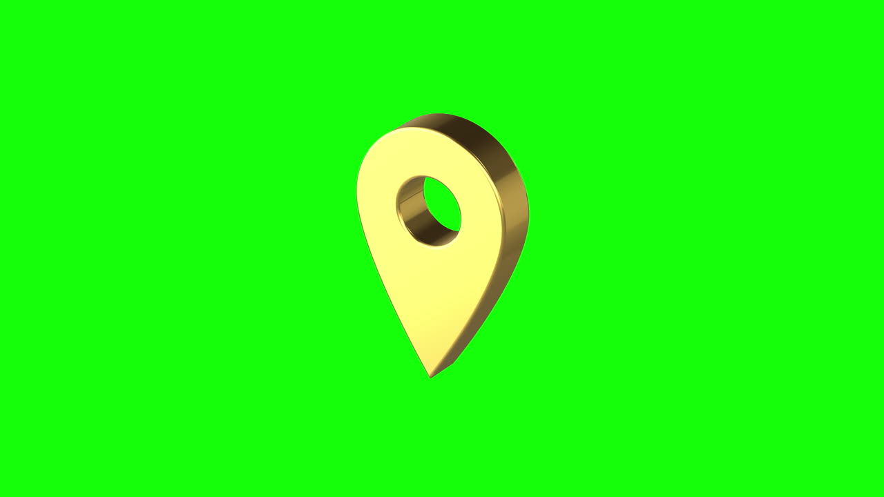 animación en 3d del alfiler de ubicación dorada girando en fondo de croma verde