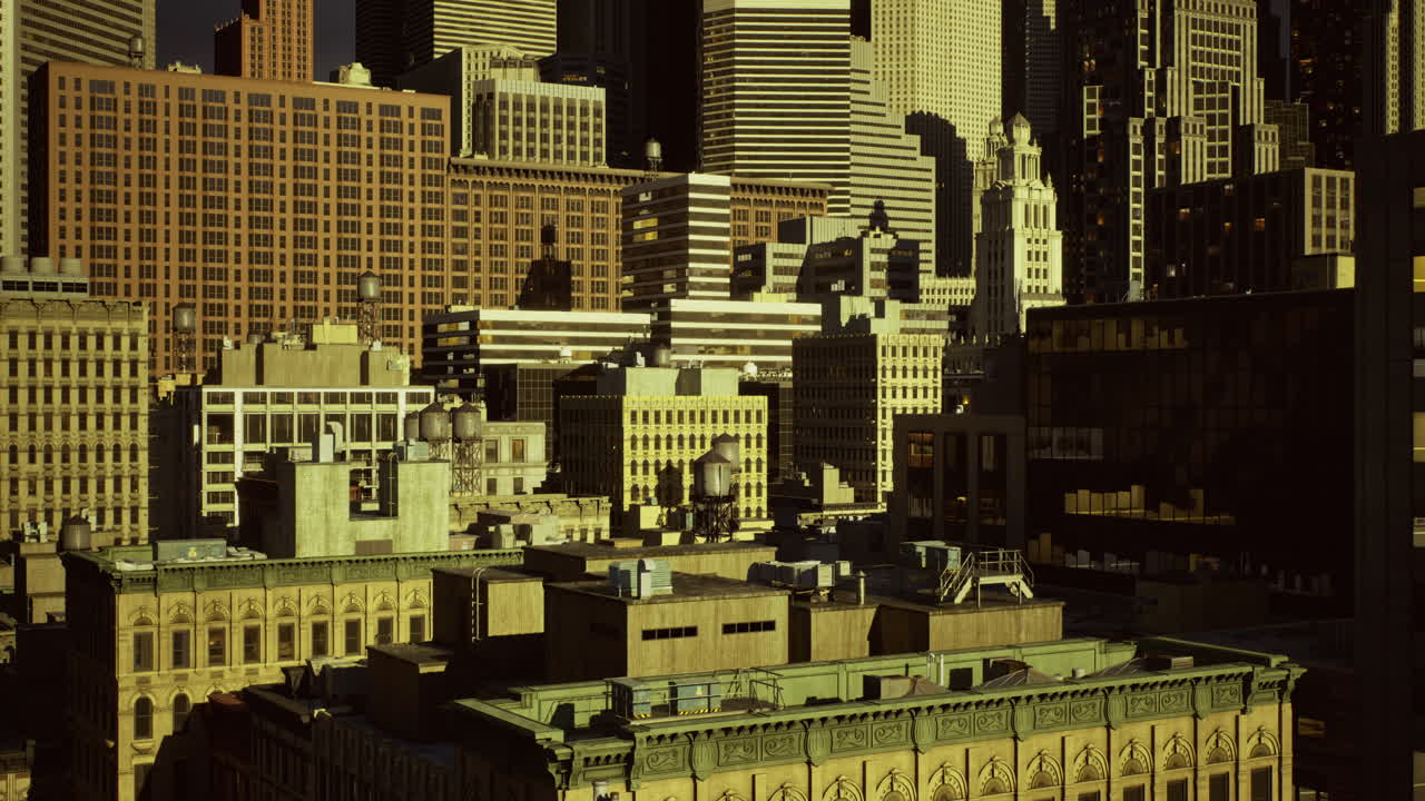 City skyline during golden hour with diverse architecture in urban setting