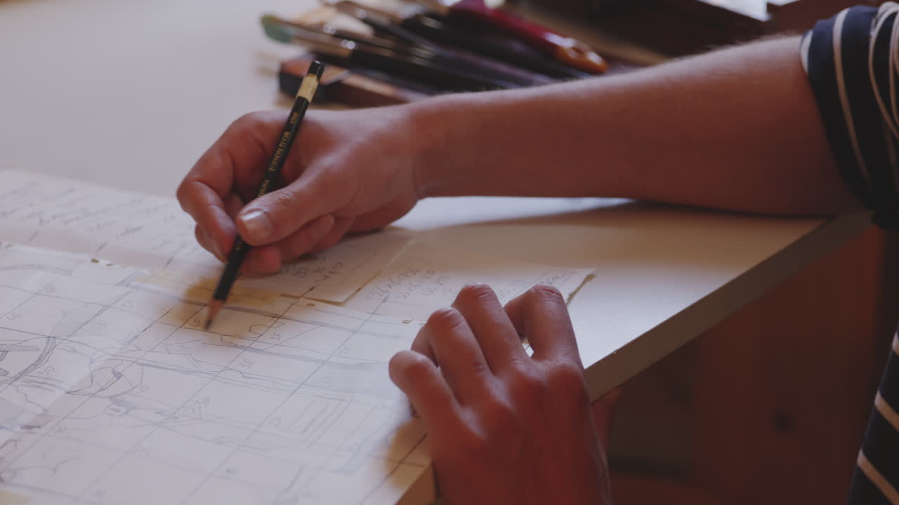 esbozar detalles en un dibujo de papel, dibujo consciente, cerrar