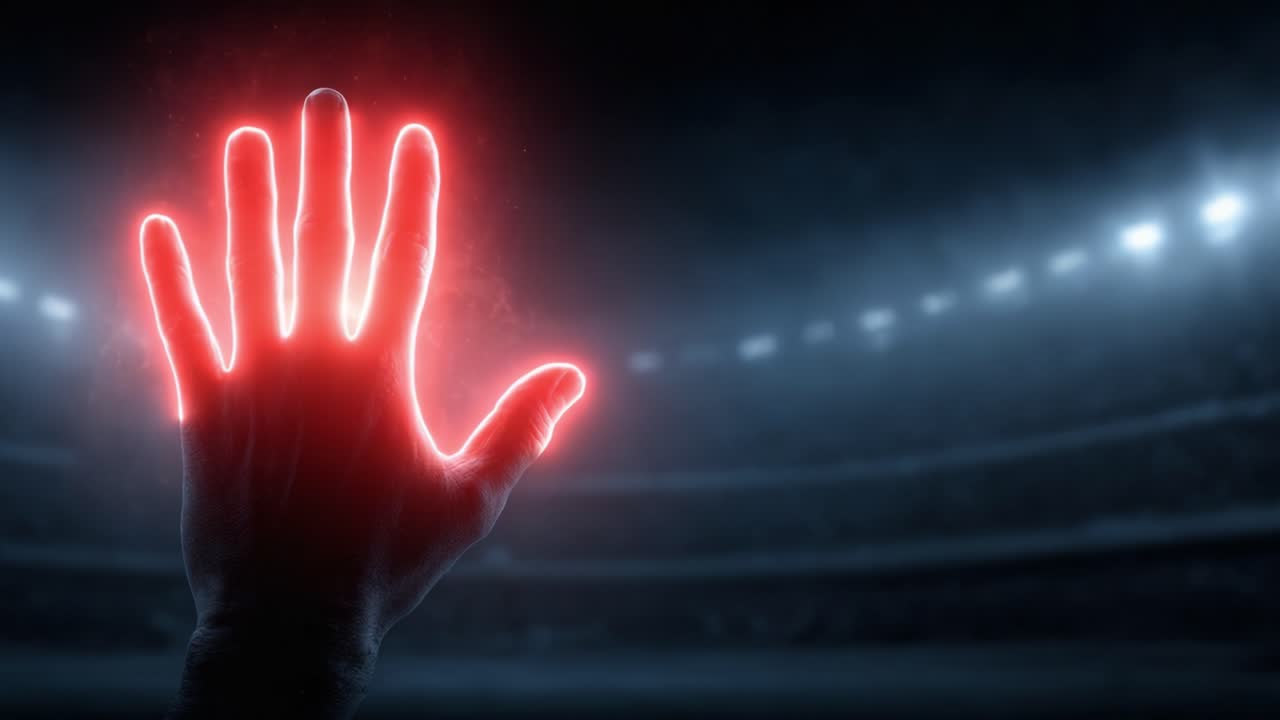 Una mano luminosa si protende in un'arena oscurata, a significare speranza, ispirazione e la forza dello spirito umano tra le ombre degli sport competitivi.