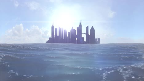 paisaje urbano horizonte océano aumento del nivel del mar silueta rascacielos futura isla 4k