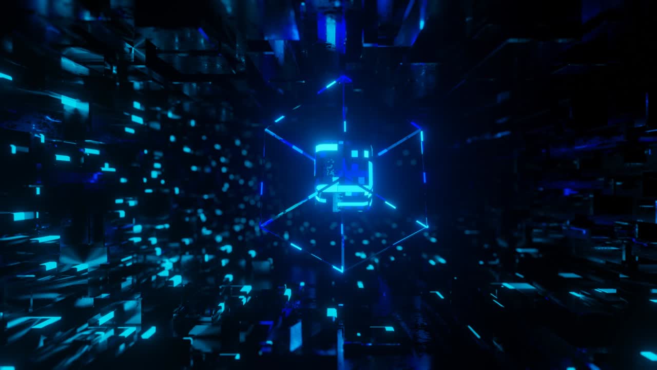3d object or structure rotates and moves inside glass mirror tunnel with neon light, bright reflections. Cube structure. Fantastic abstract bg in 4k. Vj for show. Sci fi bg fly through hi tech tunnel