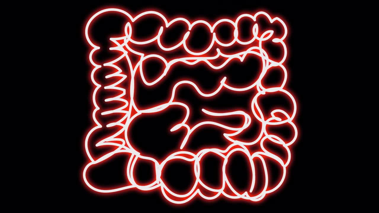 animación del intestino de neón con un resplandor rojo.