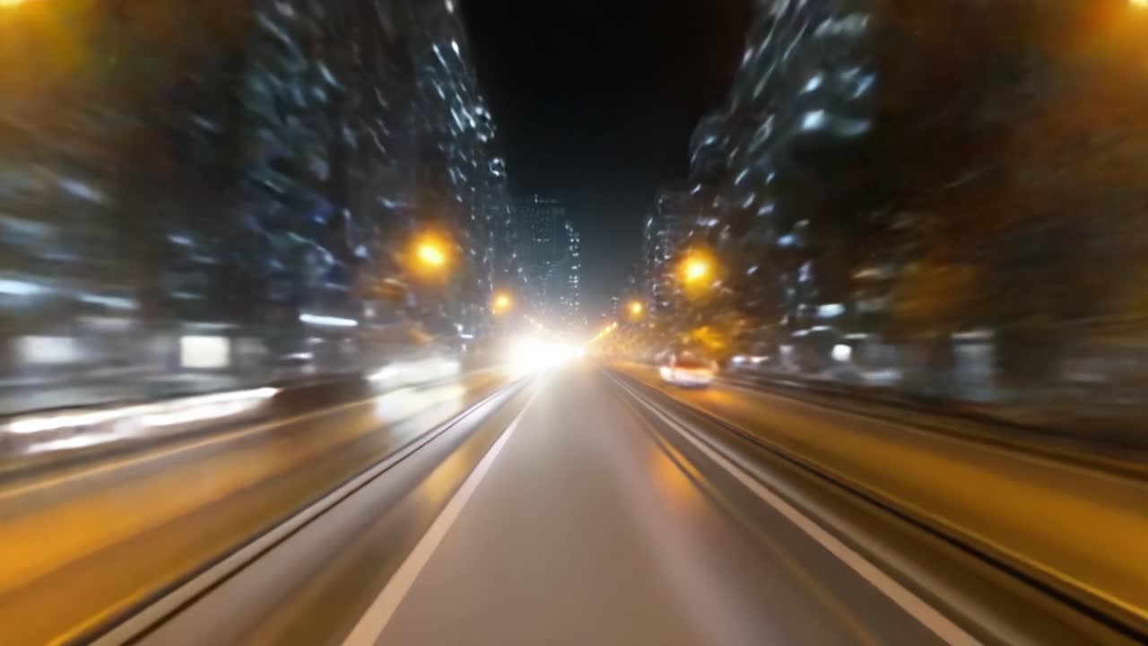 Prospettiva dinamica di un viaggio urbano notturno: un percorso attraverso luci e ombre sfocate che riflettono l'estetica della città moderna in movimento.