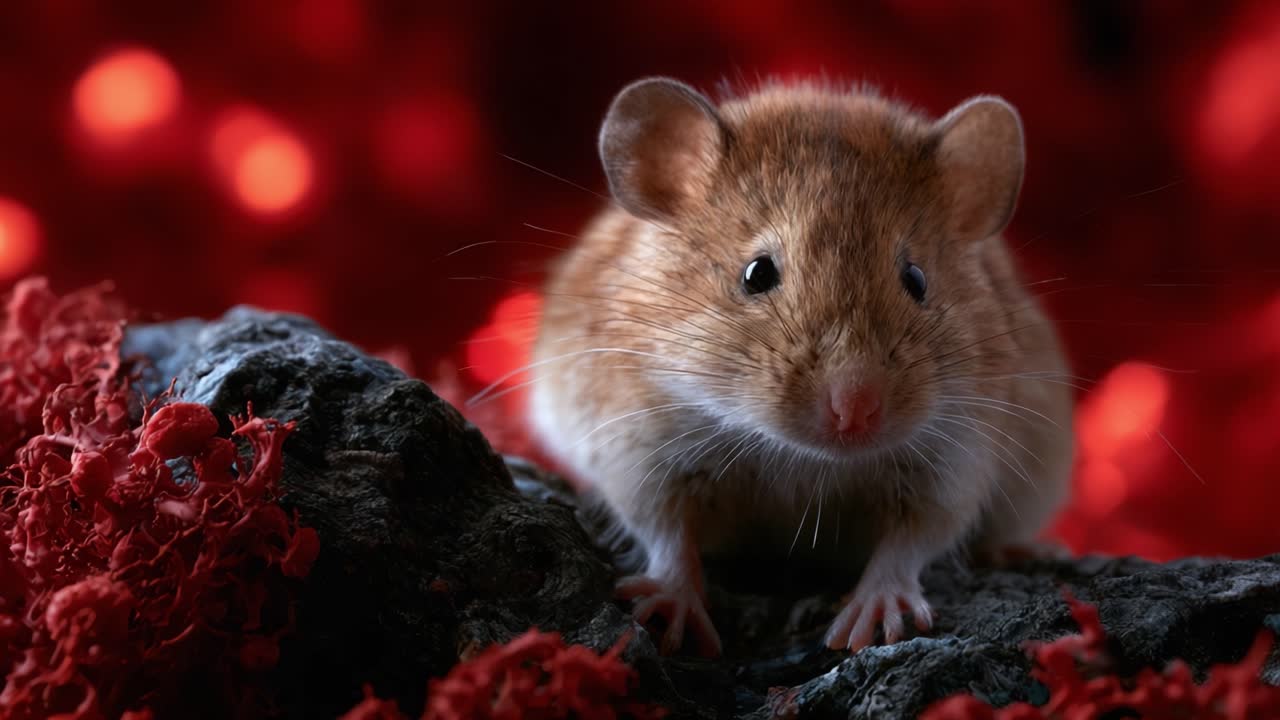 Adorabile Primo Piano di un Topo Marrone che Scappa su una Superficie Testurizzata Circondato da uno Sfondo Rosso Brillante, Mostrando la Sua Natura Curiosa e le Sue Caratteristiche Espressive