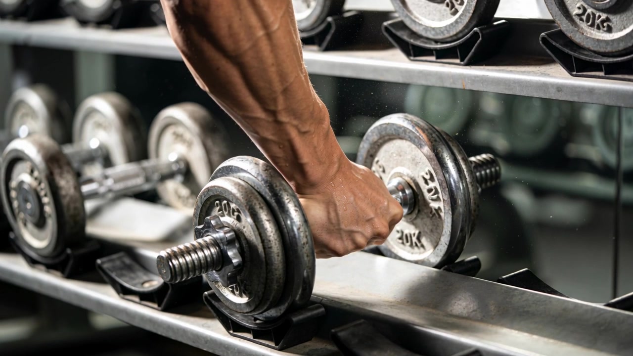 Reaching toned arm gripping 20kg dumbbell spinlock, lifting from rack by mirror preparing to train