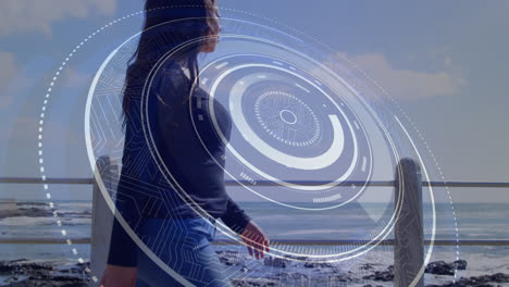 animation of scope scanning over woman with artificial limb walking by seaside