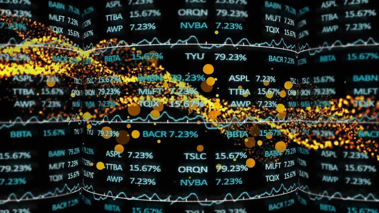 animación del paisaje de oro moviéndose sobre el procesamiento de datos financieros, en negro