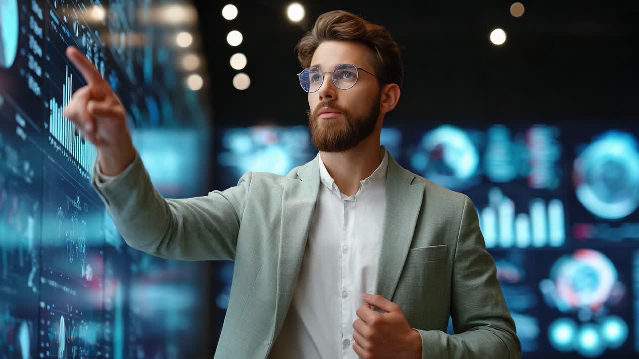 A focused individual interacting with digital data displays, showcasing modern analytics and technology in a sophisticated environment with vivid visuals and insights