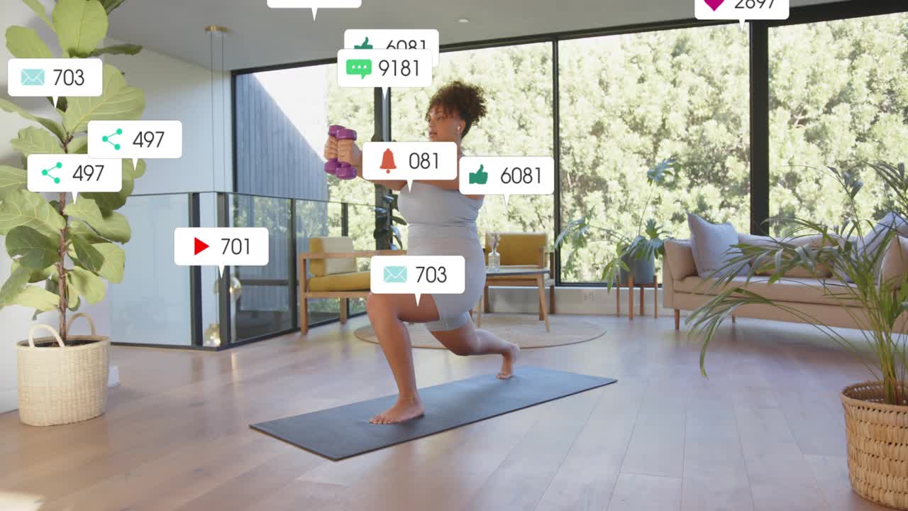 Fitness woman stepping on gray mat doing lunges with purple weights, likes appearing, raising views