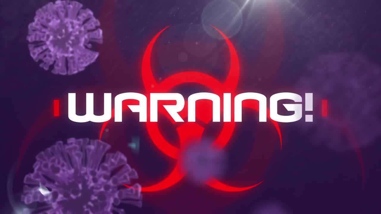 animación del texto de advertencia sobre el símbolo de peligro biológico rojo y las células covid sobre un fondo oscuro