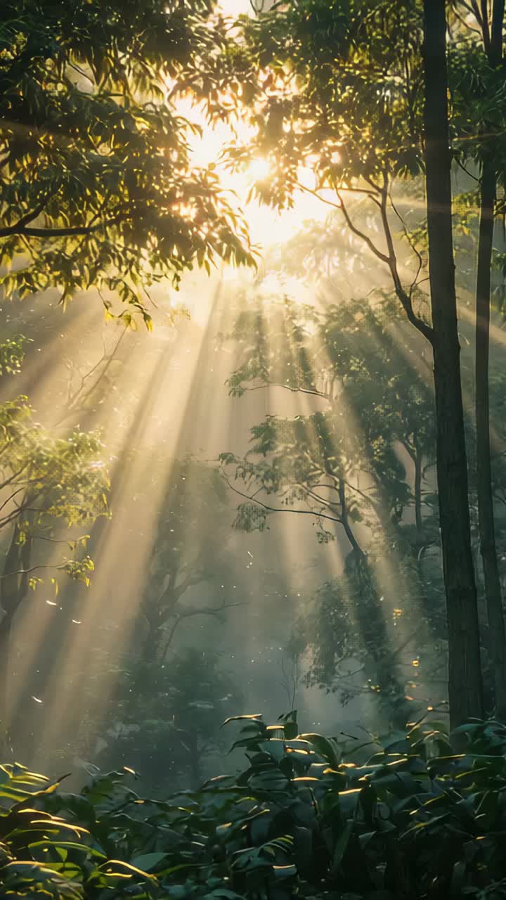 Vídeo vertical: nascer do sol atravessando o dossel da floresta, revelando feixes nebulosos e reflexo da lente
