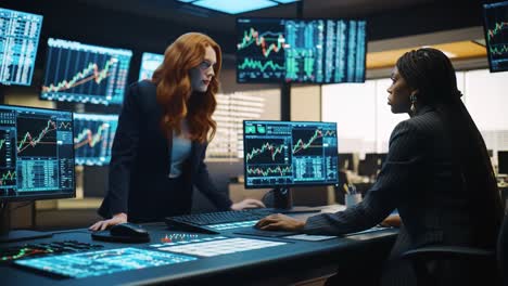 two financial analysts engage in discussion in a high-tech trading room filled with screens showing various stock market trends and data. the environment is busy and dynamic.