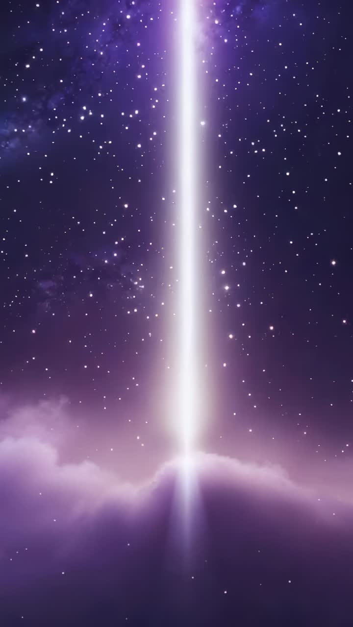 Vertical video: Emerging vertical beam intensifying above purple clouds, with twinkling stars