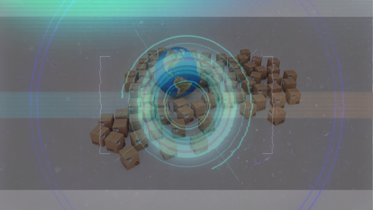 анимация обработки данных на глобусе и картонных коробках