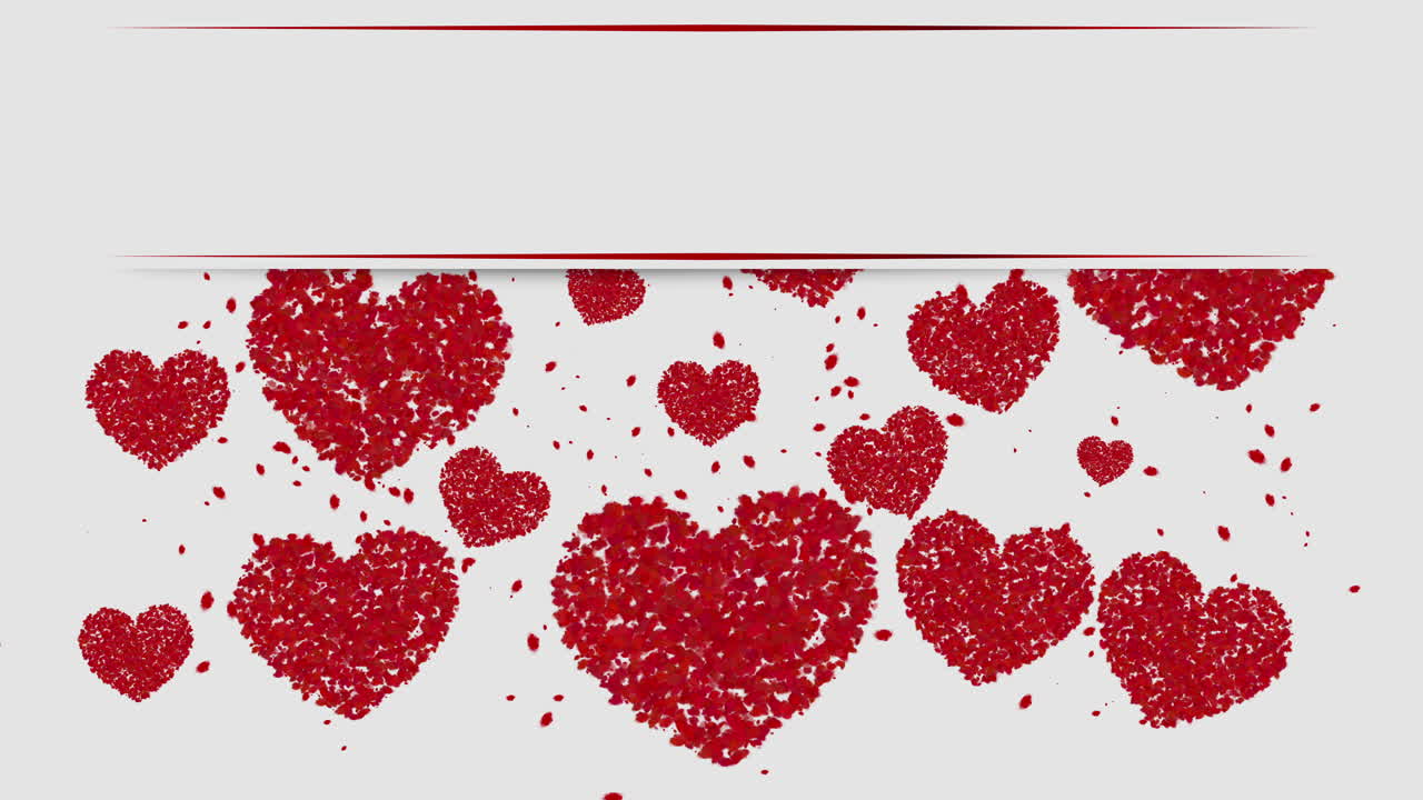 Red animated hearts with particles on a white background. Festive romantic banner with empty space for text.