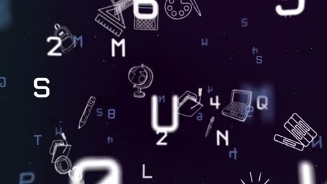 animation of white and blue numbers and letters with school items moving on black background