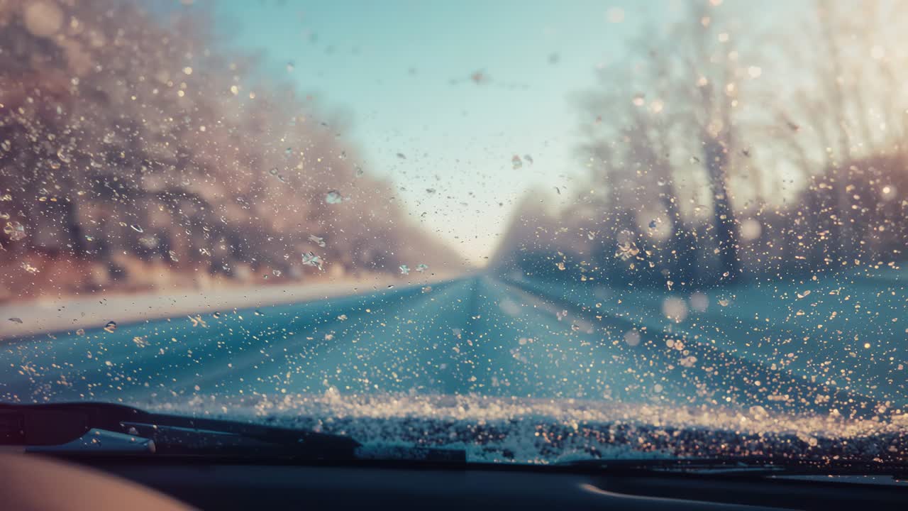 Activating wipers sweeping frosted windshield on highway, revealing slick road bordered by trees