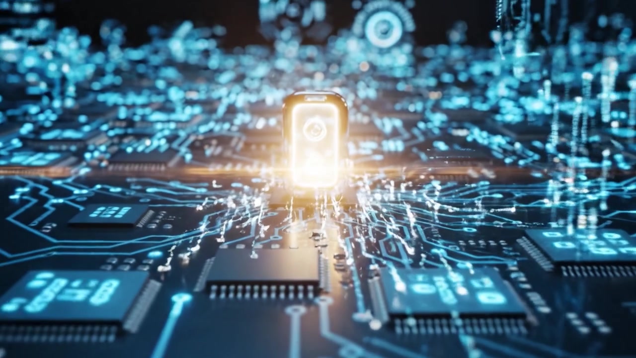A Futuristic Glimpse into Advanced Technology: Exploring a Glowing Device Surrounded by a Complex Circuit Board with Dynamic Illuminations and Patterns