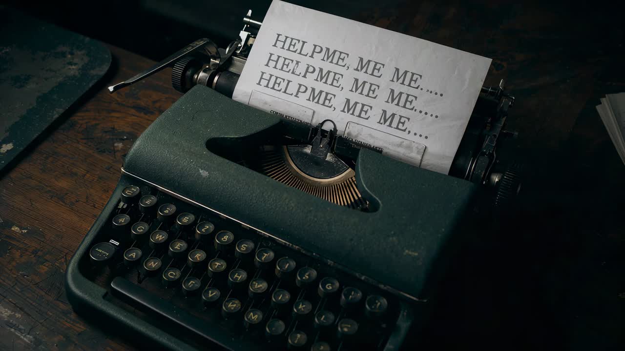 Clacking typewriter feeding paper on worn wooden desk, as platen knob turning, HELP ME repeating