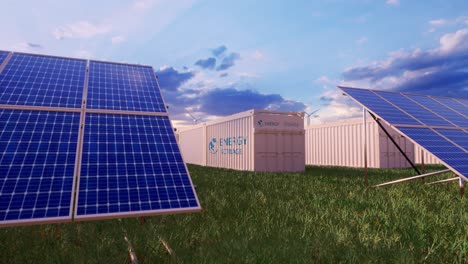 battery storage power station accompanied by solar and wind turbine power plants. new energy concept