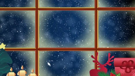 christmas icons and window frame against snow falling and spots of light on blue background