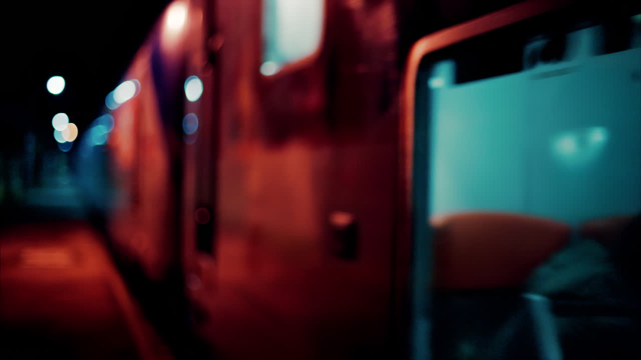 Blurry view of an empty train moving on the rails in the evening