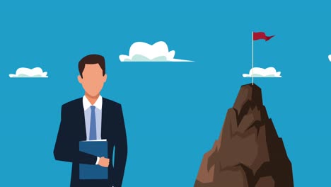elegant businessman with success flag in mountain animation