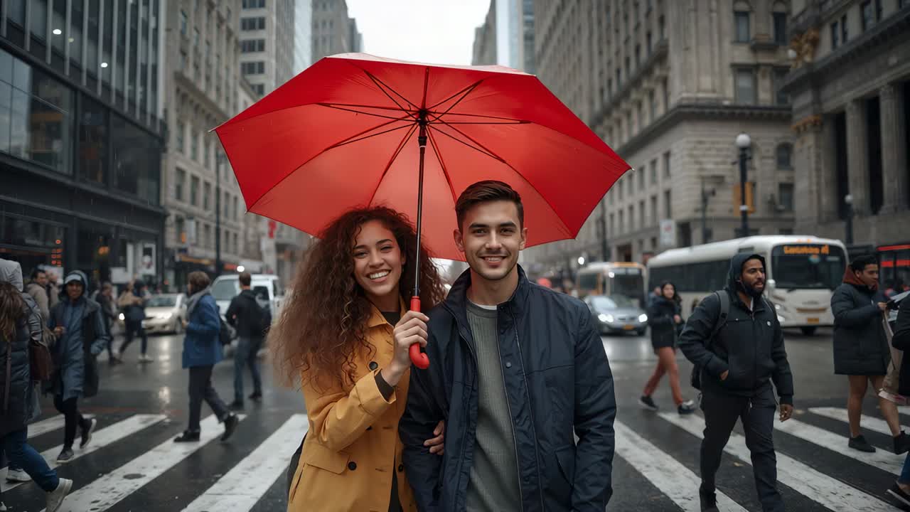 Smiling couple linking arms under red umbrella on crosswalk, camera moving closer for shelter