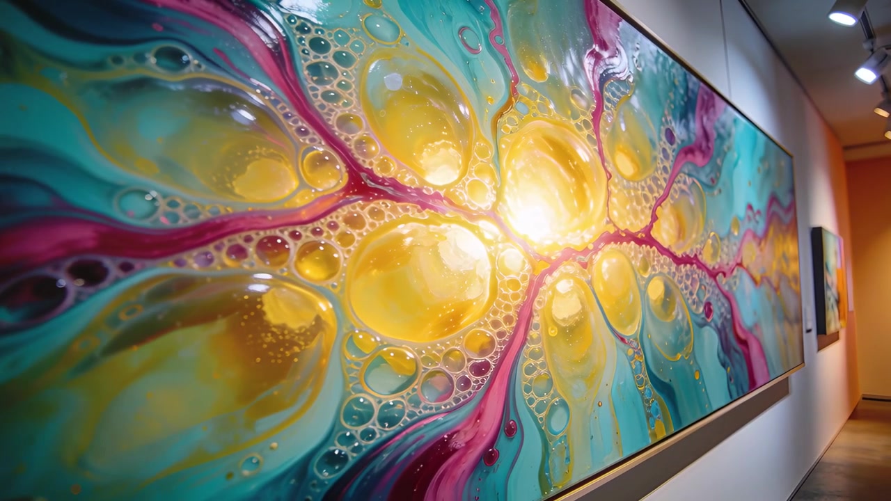 Câmera começando a fazer panorâmica para a direita, aproximando-se na galeria, mostrando células brilhantes de arte abstrata com brilho amarelo