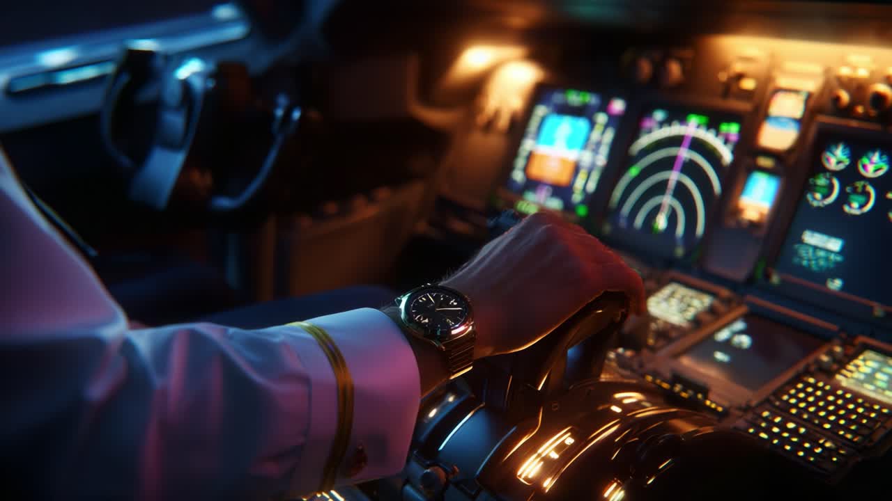 An Experienced Pilot Maneuvers the Joystick Inside a Modern Aircraft Cockpit, Illuminated by the Glowing Instrument Panels, Showcasing Advanced Avionics and a Skilled Hand Working with Precision