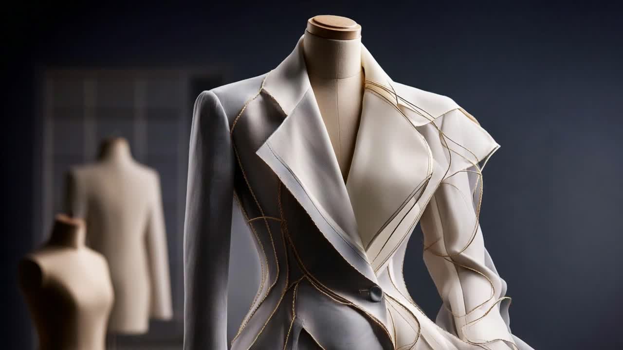 An Elegant Display of Fashion Innovation: A Stylish White Couture Jacket with Artistic Lace Detailing Showcases Extraordinary Design and Tailoring Techniques in High-End Fashion