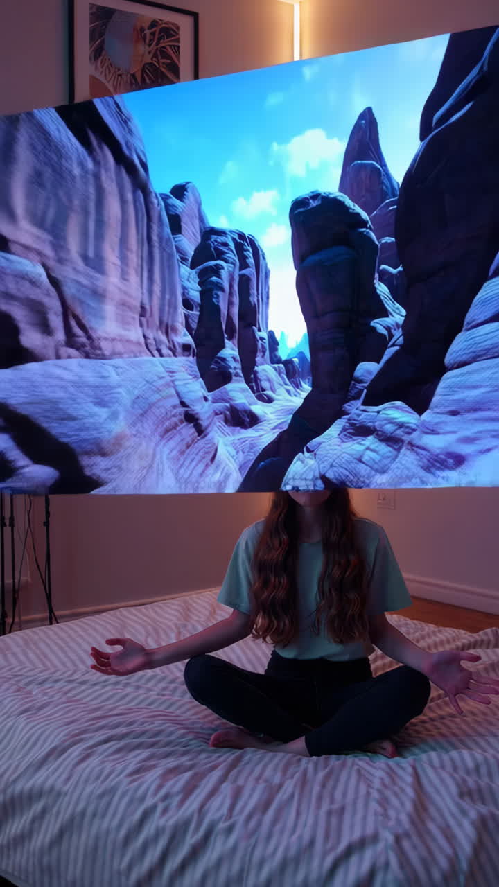 Woman exploring virtual worlds with VR headset at home