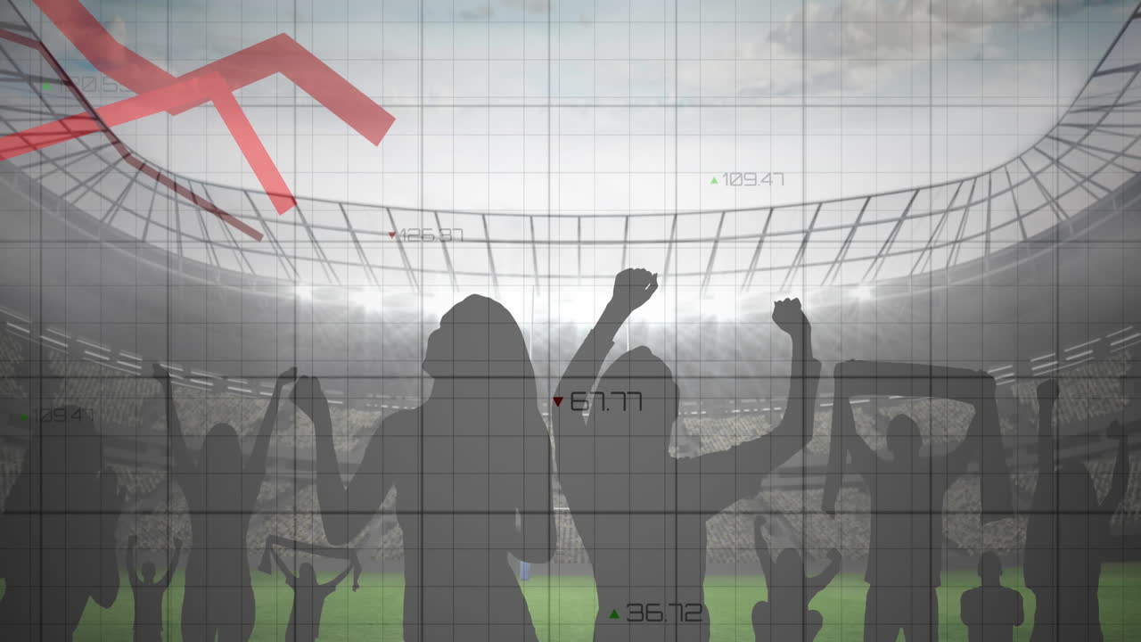 스포츠 경기장에서 환호하는 팬들에 대한 그래프와 데이터 처리의 애니메이션