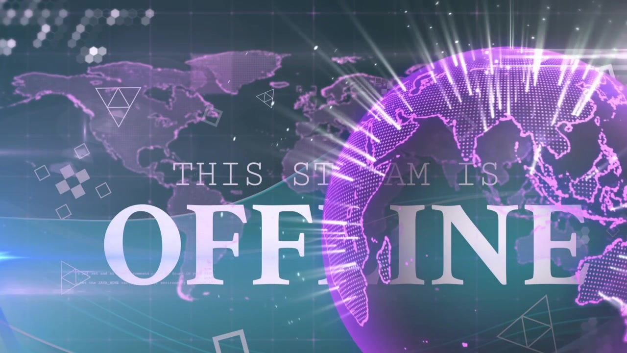 Animation of this stream is offline text against spinning globe and world map on blue background