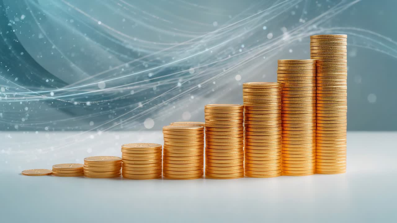 Displaying eight gold coin stacks on white platform, backdrop showcasing flowing trails, particles