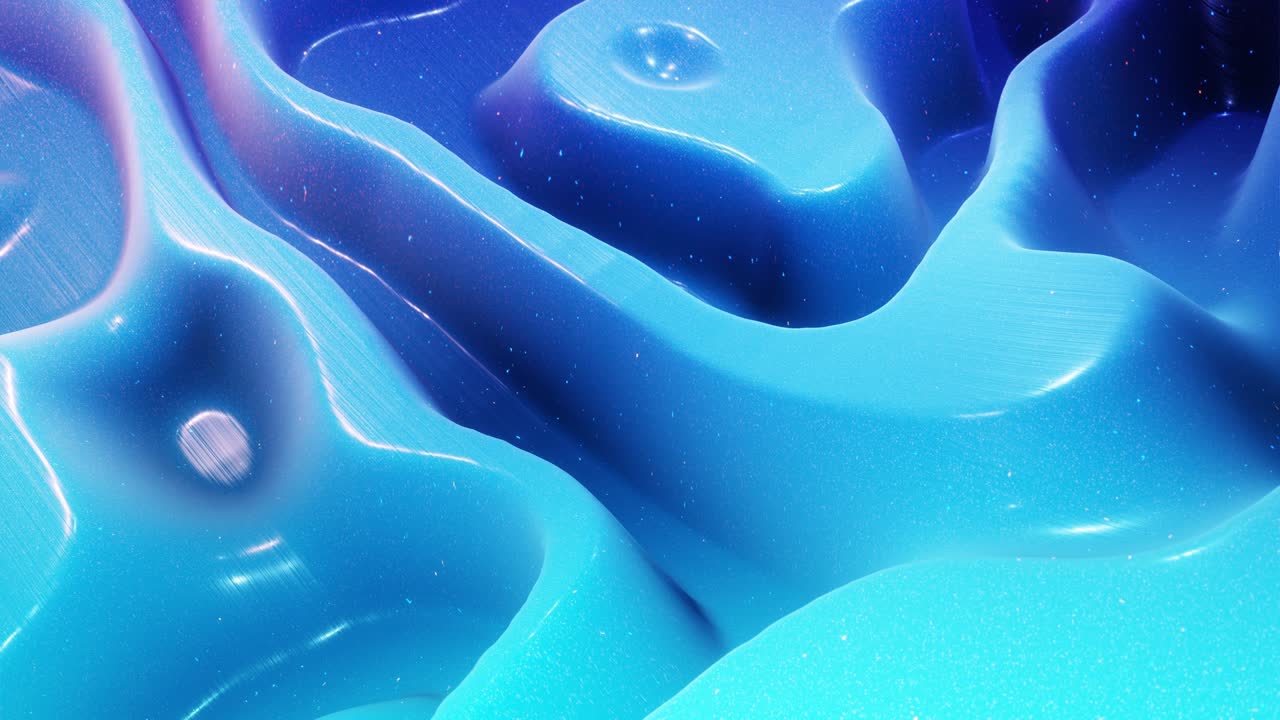Stylish abstract blue surface as fantastical festive bg. Looped background, waves move on glossy surface like landscape made of liquid blue wax with sparkles. Beautiful soft bg with smooth animatin 4k