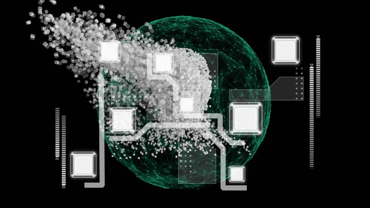 Animation of globe, integrated circuit and human model on black background
