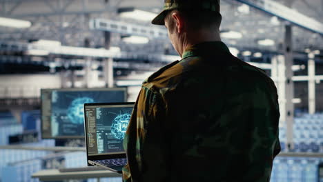 army programmer in high tech server hub uses ai application on laptop