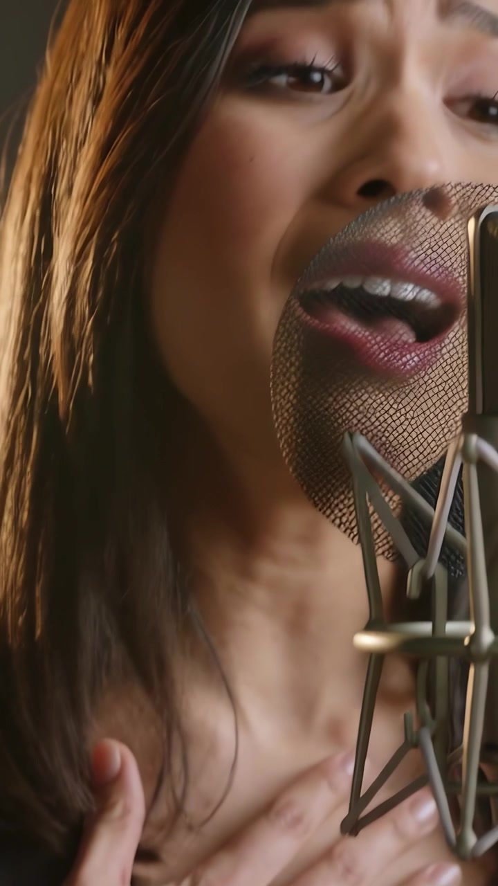 Vertical video: Adjusting dark V-neck, vocalist calming breath, hand leaning toward mic, pop filter