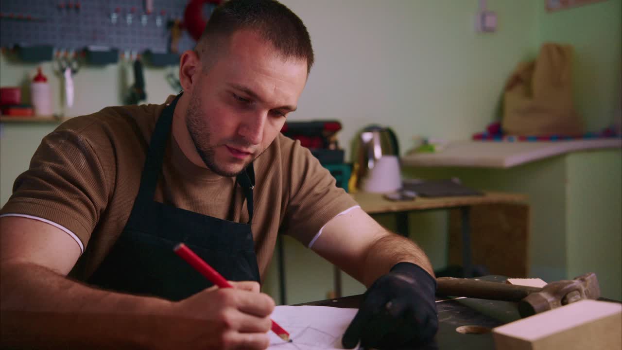 Falegname Concentrato che Disegna uno Schizzo di Progettazione in Officina