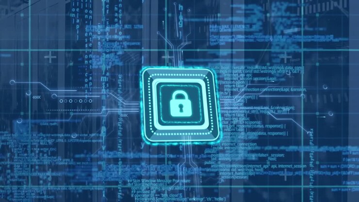 Animation of padlock icon and data processing over server room