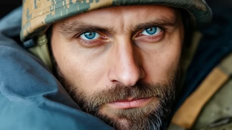 a man with blue eyes wearing a military uniform