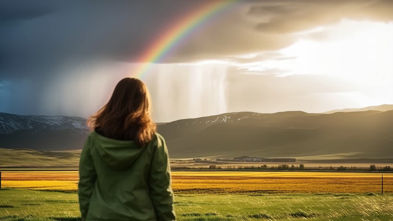 Woman wearing a green raincoat is contemplating a rainbow over a wide valley with cultivated fields and mountains in the background, enjoying the beauty of nature after a refreshing rain shower