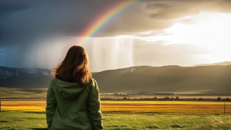 woman wearing a green raincoat is contemplating a rainbow over a wide valley with cultivated fields and mountains in the background, enjoying the beauty of nature after a refreshing rain shower