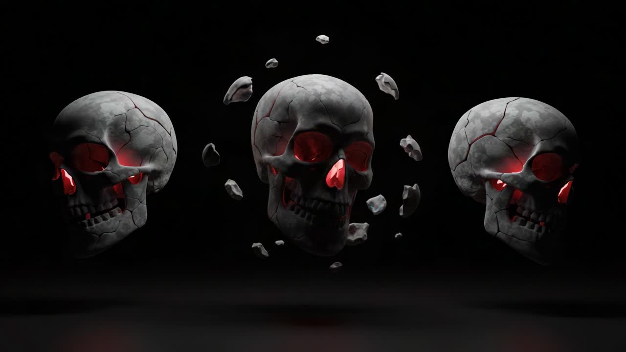 Dynamic Visualization of Cracking Skulls with Red Glowing Features Amidst a Dark Background, Creating a Haunting and Engaging Atmospheric Effect